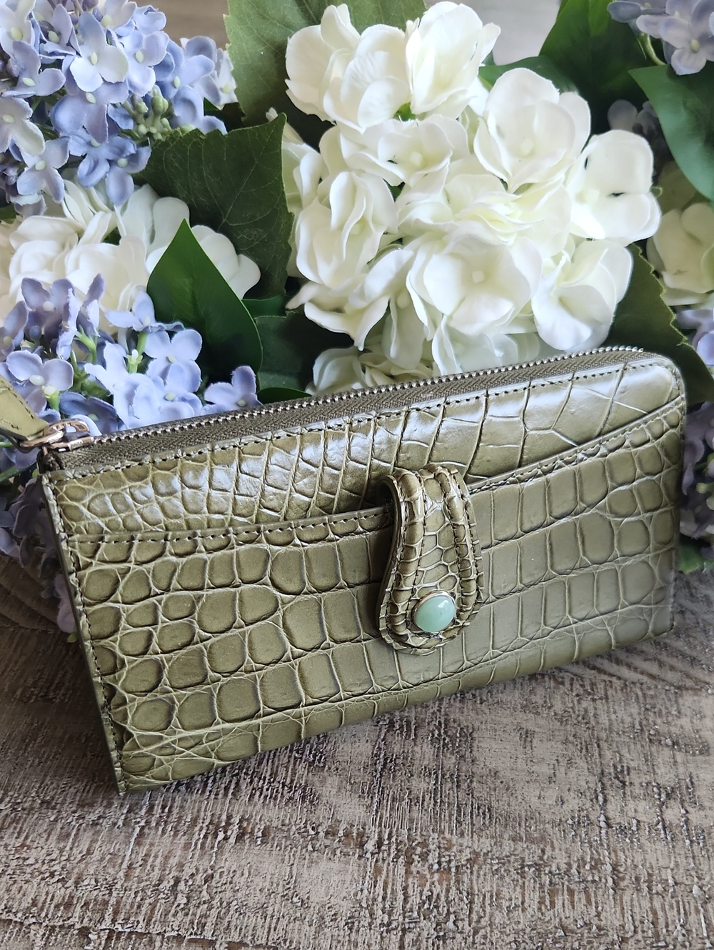 Olive Croc-Embossed Zip Wallet with Turquoise Snap NWOT